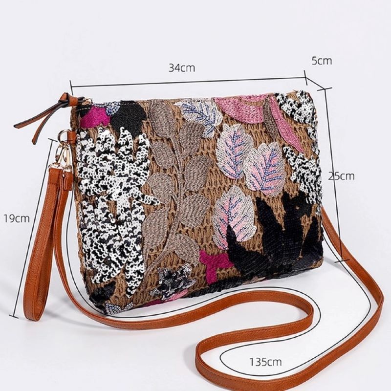 Peach Accessories Large Floral Embroidered Straw Clutch Bag with Wristlet Strap and Shoulder Strap