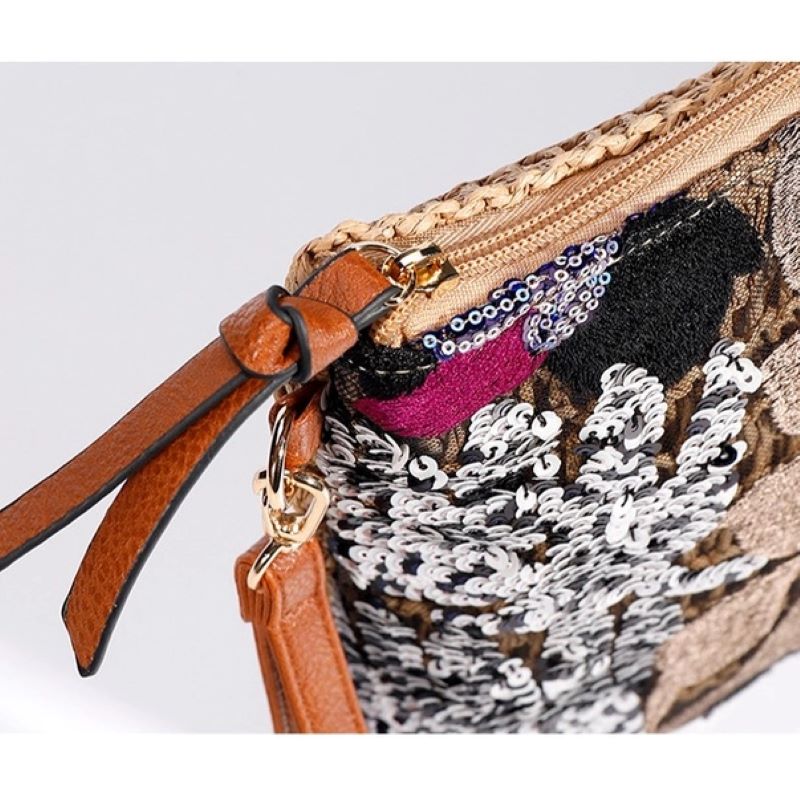 Peach Accessories Large Floral Embroidered Straw Clutch Bag with Wristlet Strap and Shoulder Strap