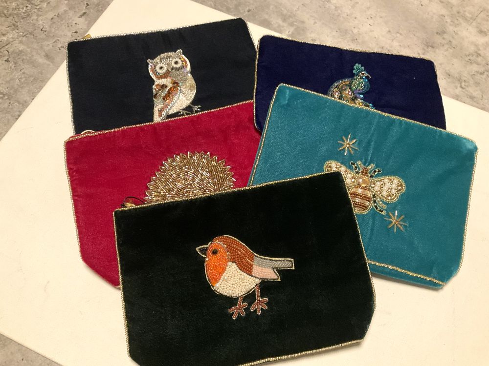My Doris Velvet Zipped Pouch Hand Beaded Bee, Owl, Robin, Peacock, Hedgehog