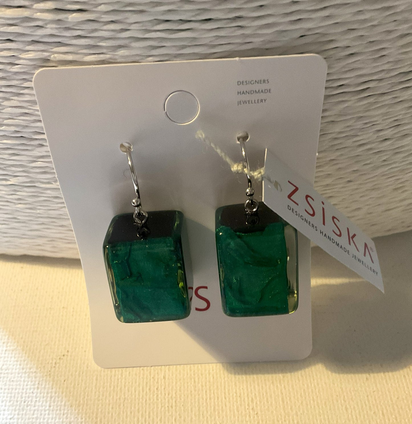 Zsiska Musee Emerald Green Foil Cube Earrings Short Hook with Gift Pouch