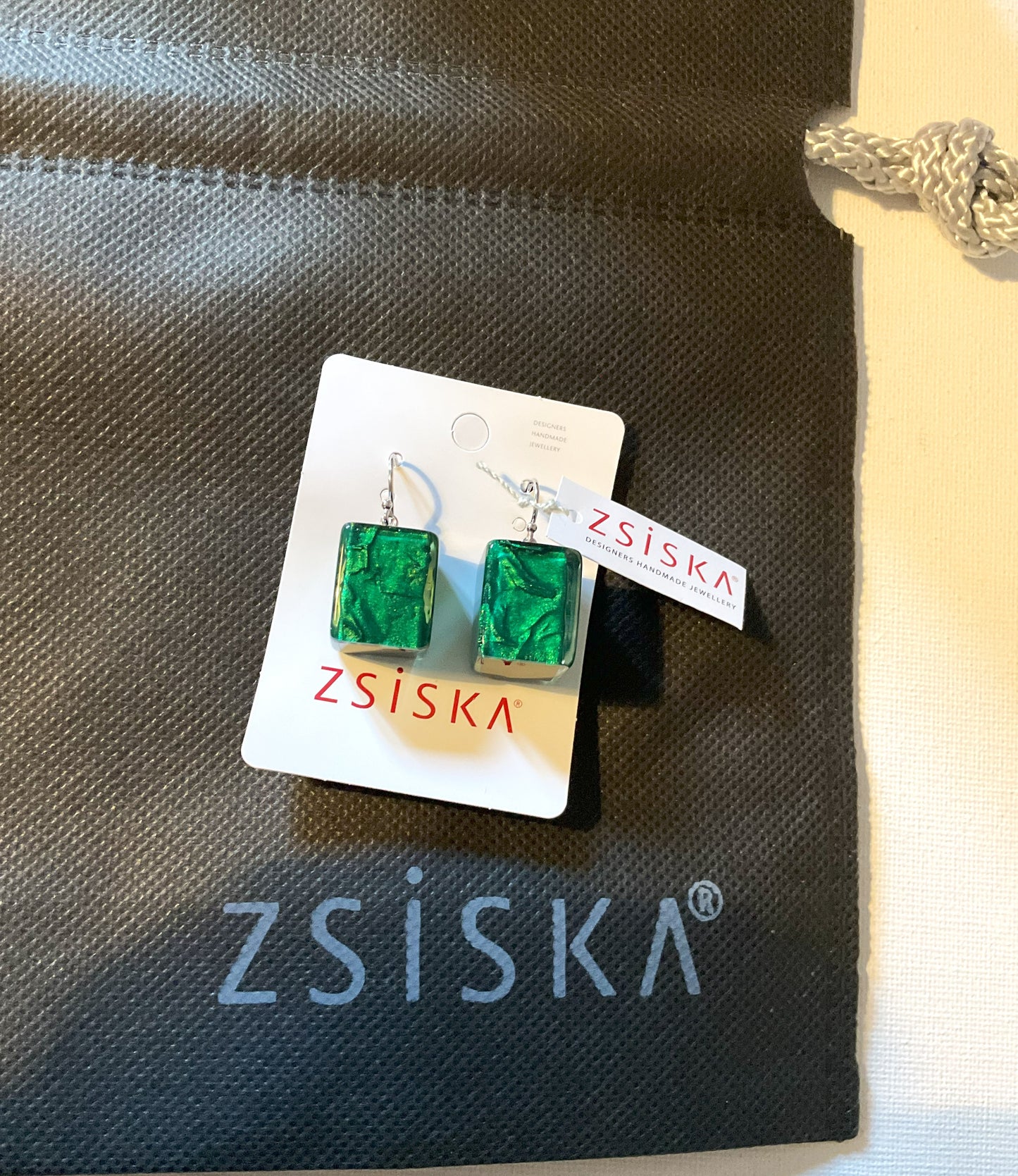 Zsiska Musee Emerald Green Foil Cube Earrings Short Hook with Gift Pouch