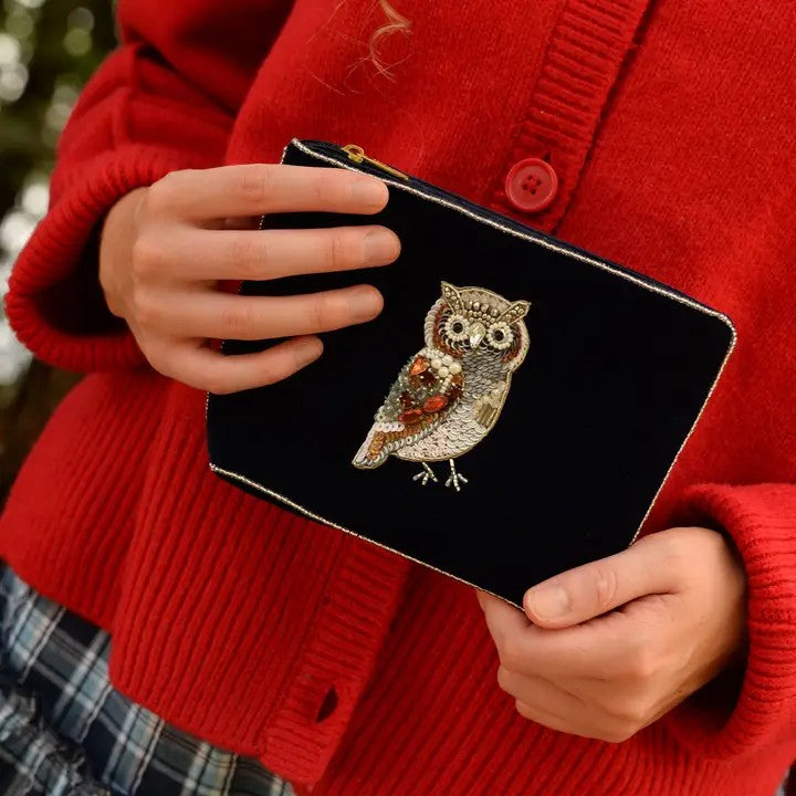 My Doris Velvet Zipped Pouch Hand Beaded Bee, Owl, Robin, Peacock, Hedgehog