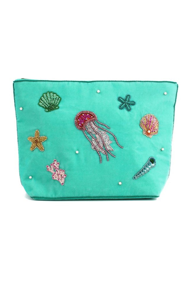 My Doris Large Ocean Blue Velvet Zipped Pouch with Hand Beaded Sea Scene