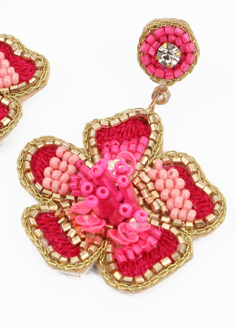My Doris Flower Shaped Earrings Hand Beaded Pink or Turquoise with Soft Fabric Backing