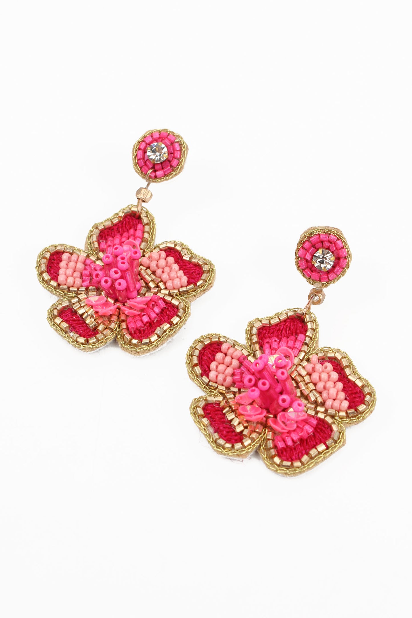 My Doris Flower Shaped Earrings Hand Beaded Pink or Turquoise with Soft Fabric Backing