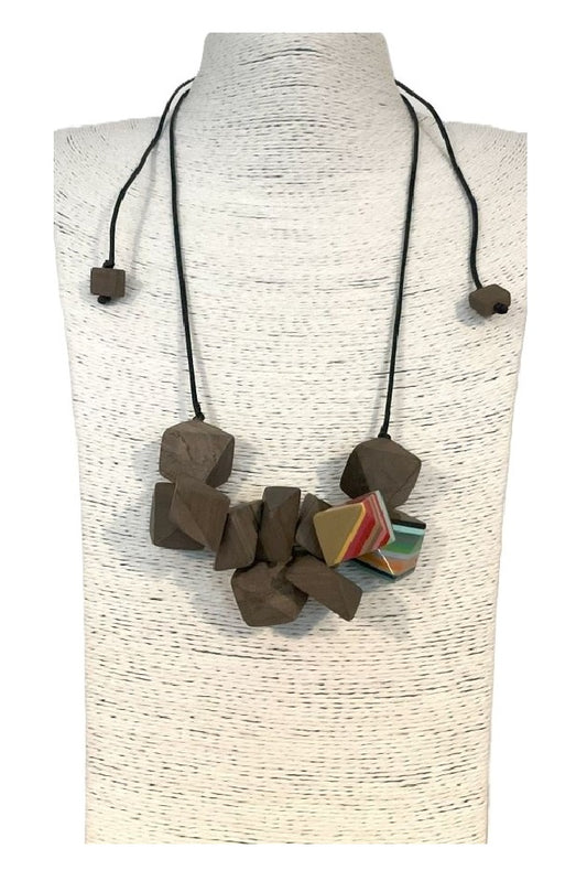 Noa Ecco Geometric Wood and Resin Prismas Necklace Adjustable Cord