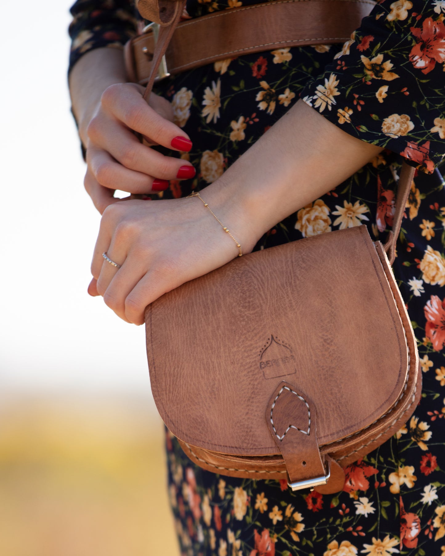 Berber Leather Temara Small Saddle Half Moon Handbag Tan Morrocan Handmade