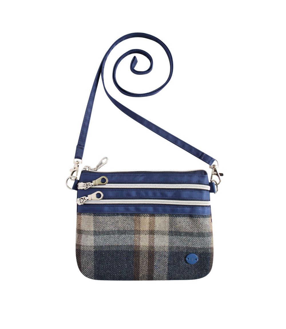 Earth Squared Tweed Wool 3-Zip Pouch Crossbody Bag Tantallon Blue