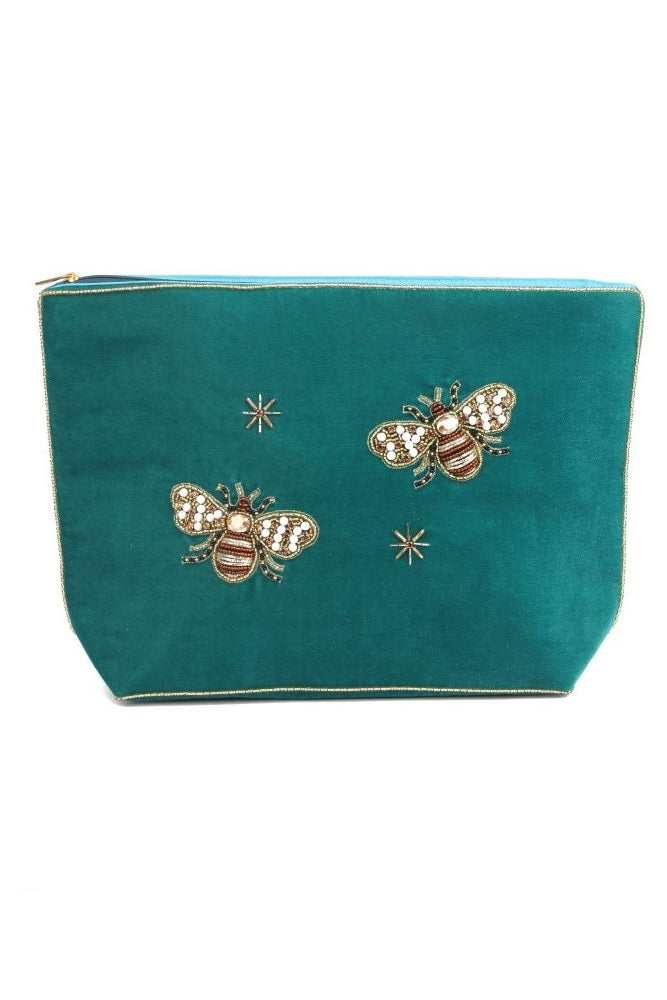 My Doris Large Teal Velvet Zipped Pouch with Hand Beaded Golden Bees