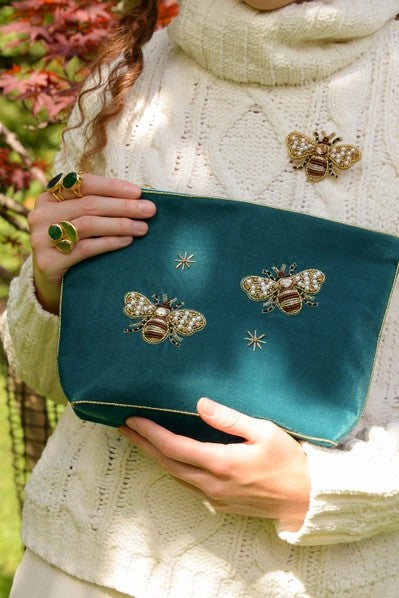 My Doris Large Teal Velvet Zipped Pouch with Hand Beaded Golden Bees
