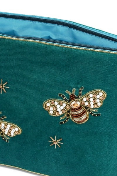 My Doris Large Teal Velvet Zipped Pouch with Hand Beaded Golden Bees