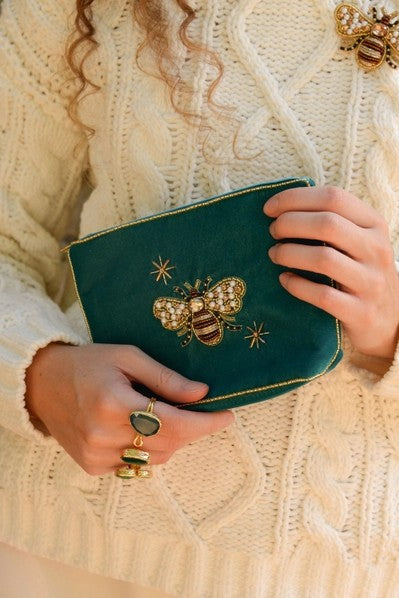 My Doris Velvet Zipped Pouch Hand Beaded Bee, Owl, Robin, Peacock, Hedgehog