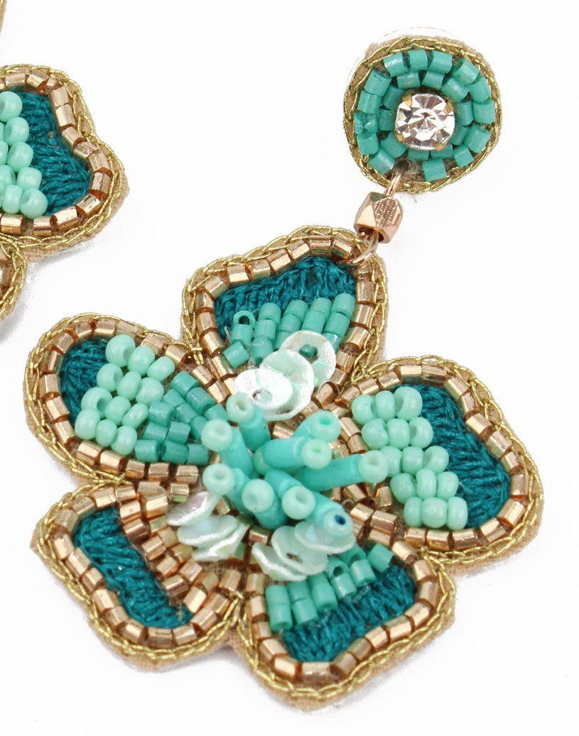 My Doris Flower Shaped Earrings Hand Beaded Pink or Turquoise with Soft Fabric Backing