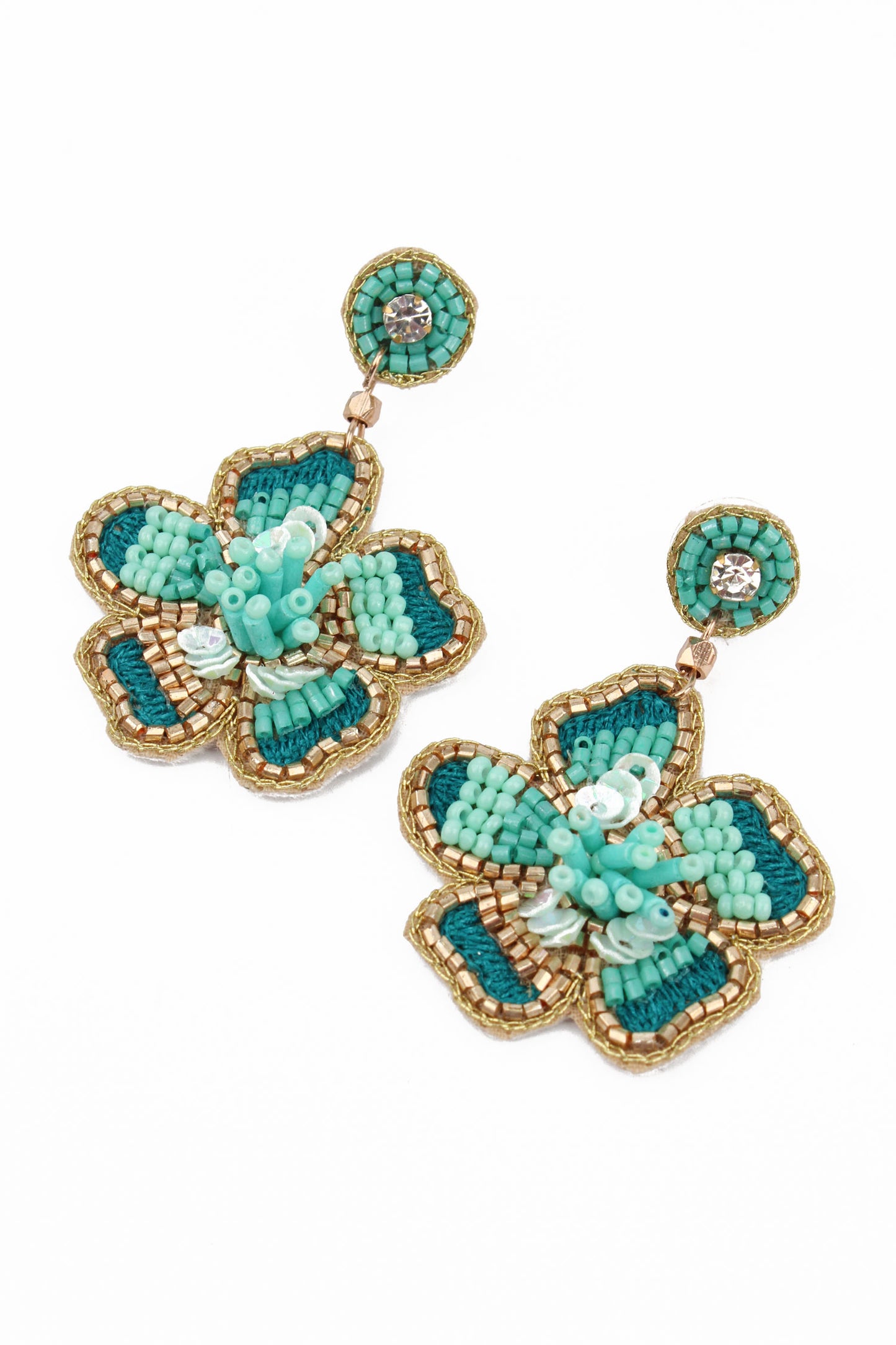 My Doris Flower Shaped Earrings Hand Beaded Pink or Turquoise with Soft Fabric Backing