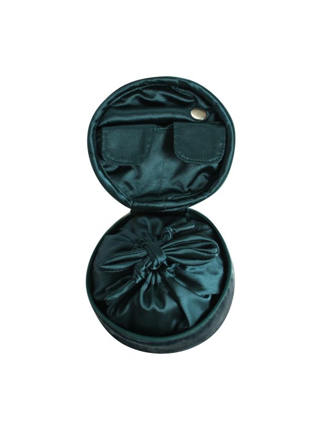 Earth Squared Green Silk Velvet Jewellery Round Pouch Embroidered Flower Heart